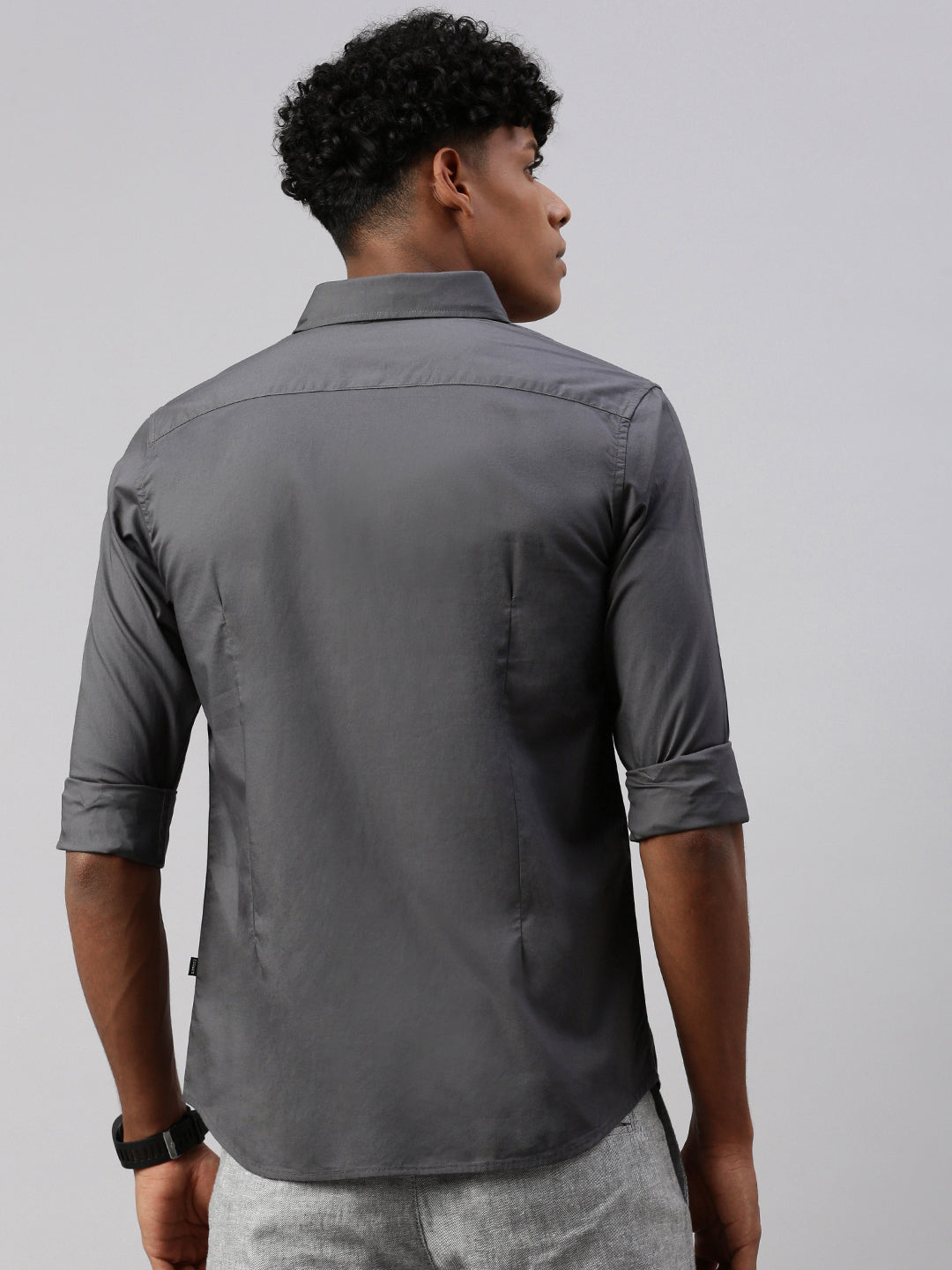 Gray Solid Poplin Stretch Shirt Without Pocket