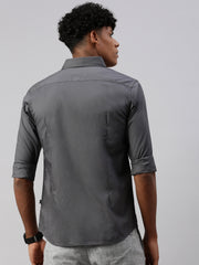 Gray Solid Poplin Stretch Shirt Without Pocket