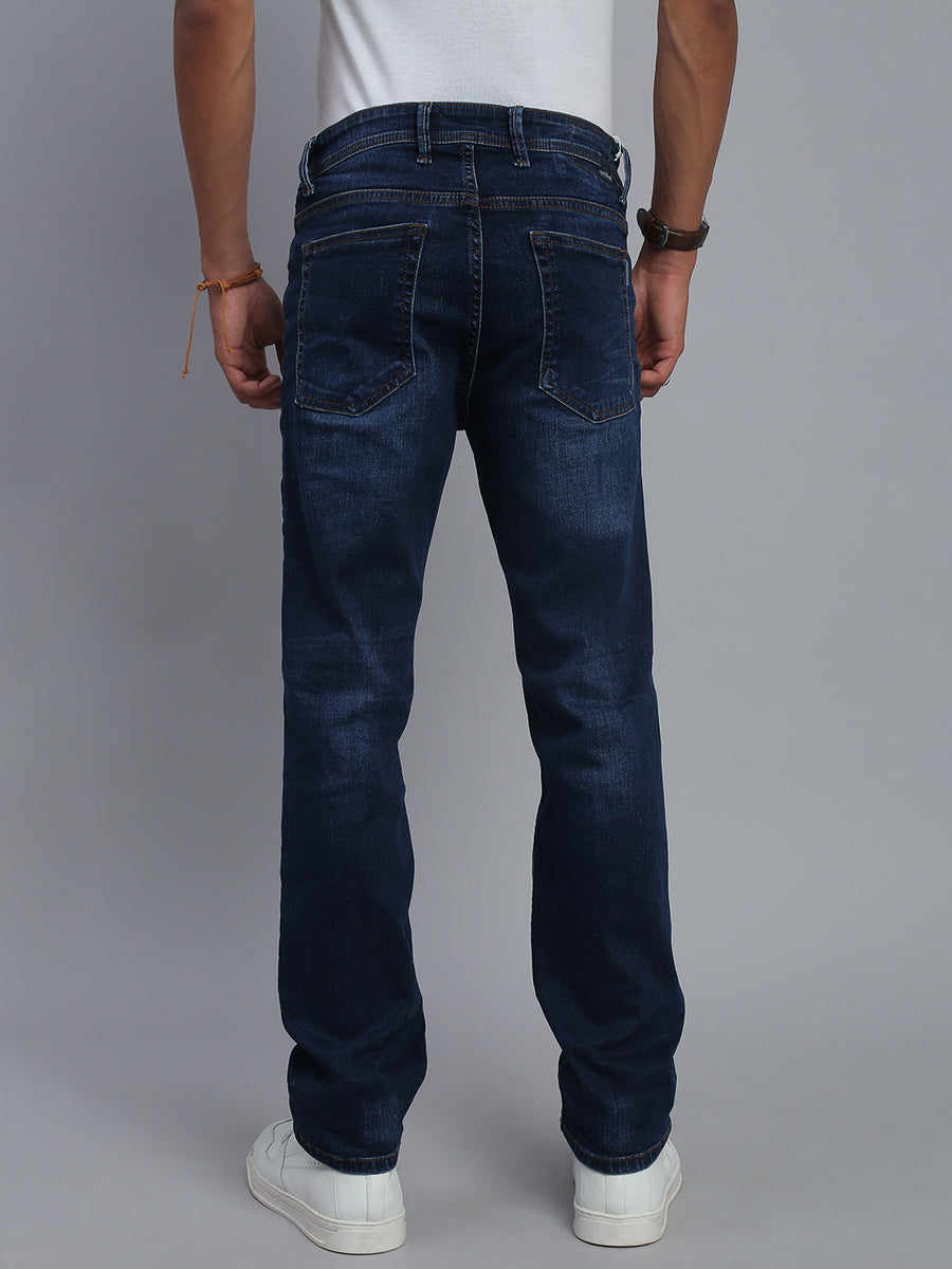 Dark Blue Regular Straight Fit Stretchable Jeans