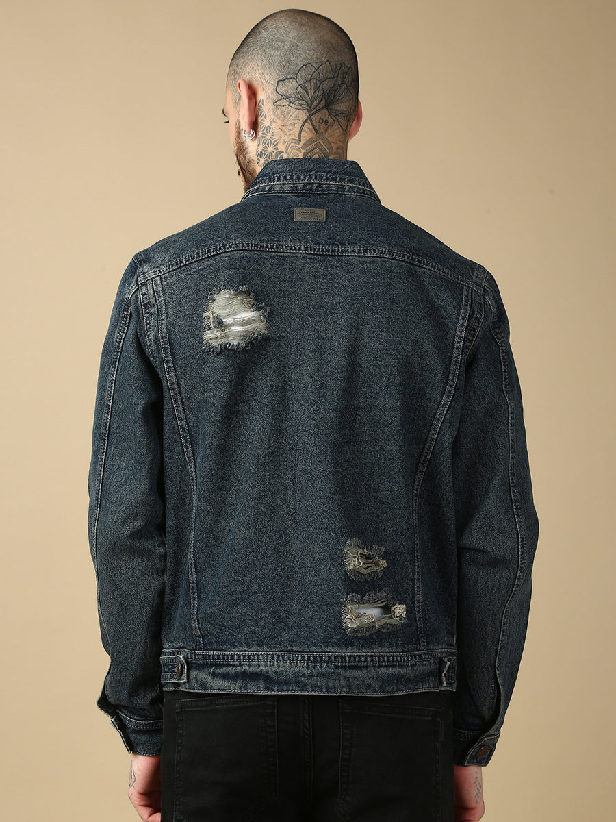 Vintage Blue Repeed Slim Fit Denim Jacket