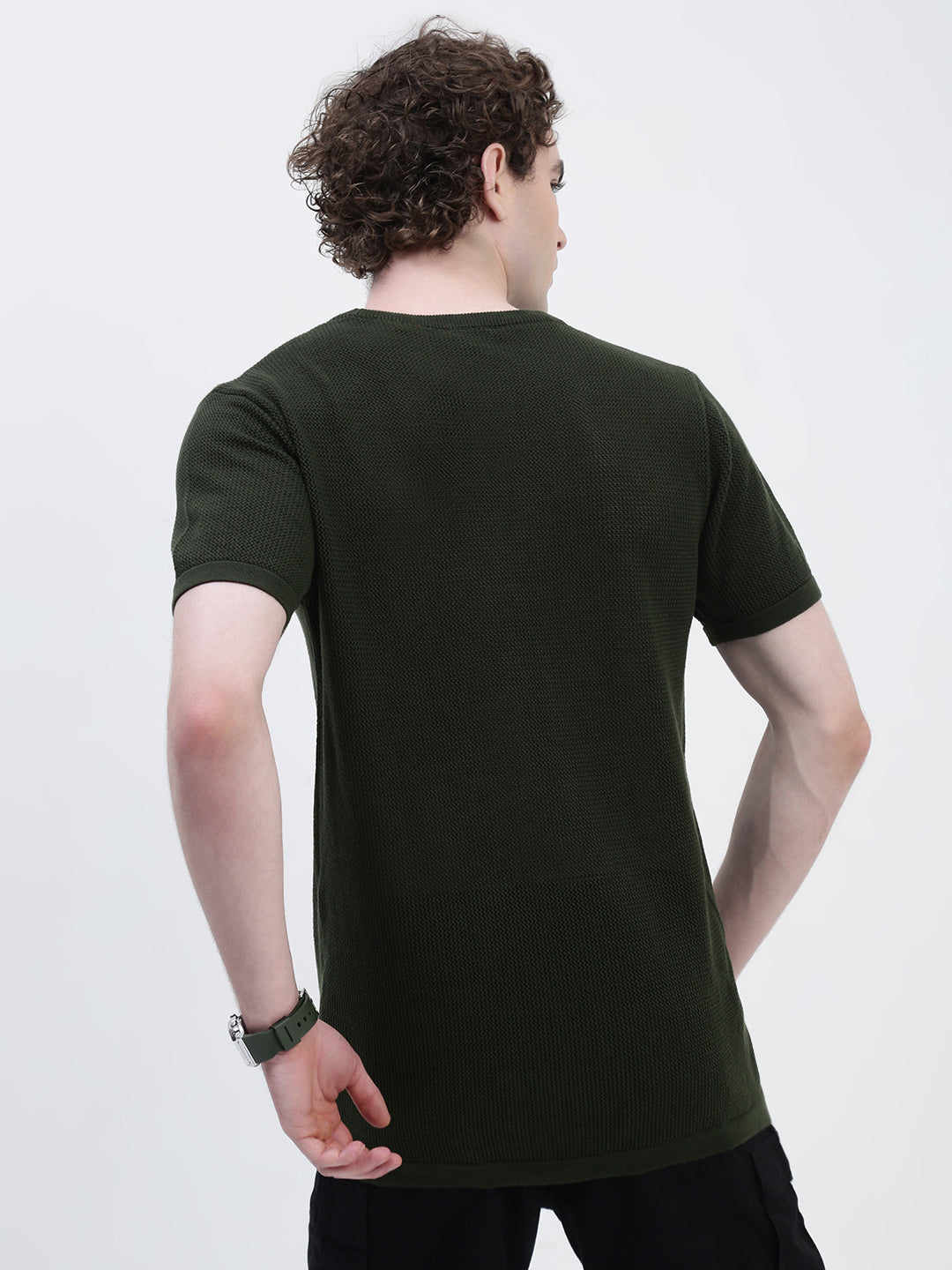 Crew Neck See Through Olive Cotton T-Shirt