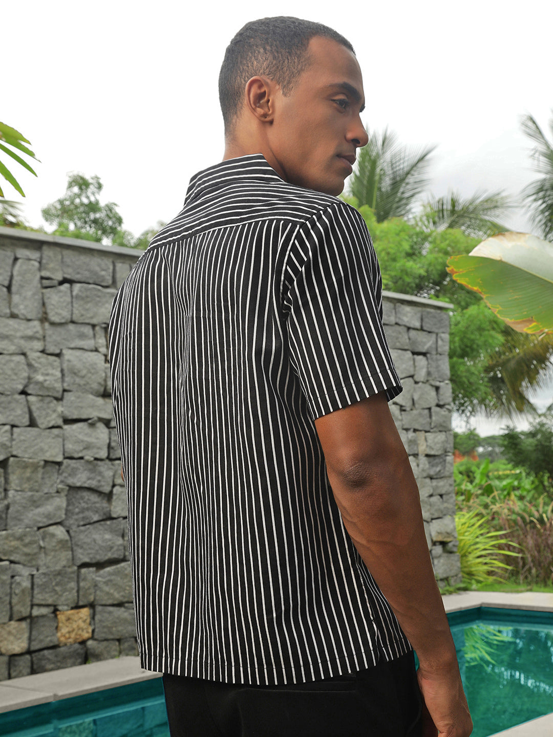 Self Stripe Half Sleeve Oversize Shirt With Pocket