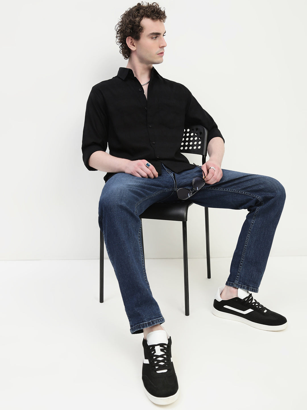 Black Dobby Full Sleeve Slim Fit Shirt With Pocket