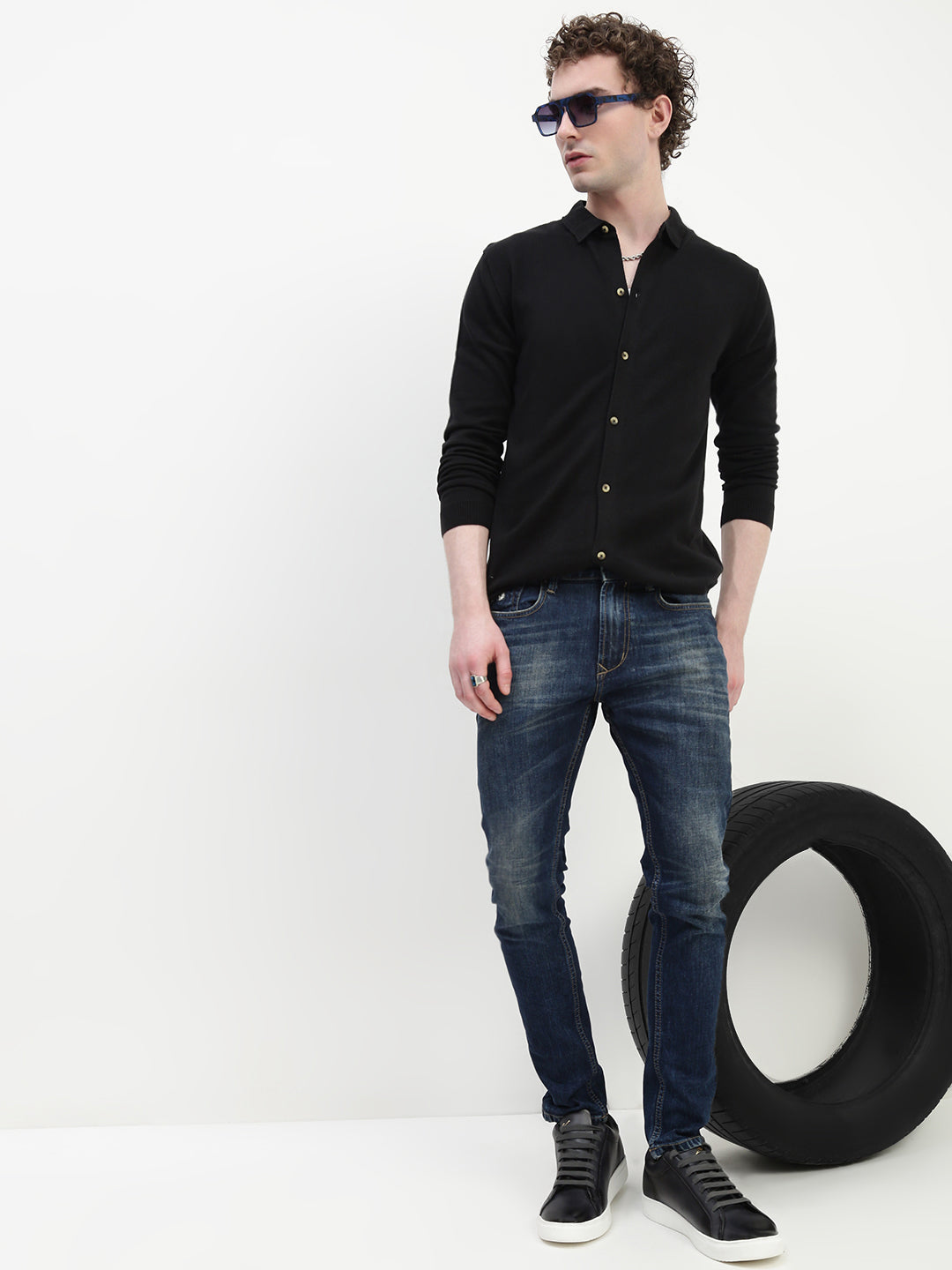 Black Knit Cardigan Full Sleeve Relax Slim Fit Shirt Without Pocket