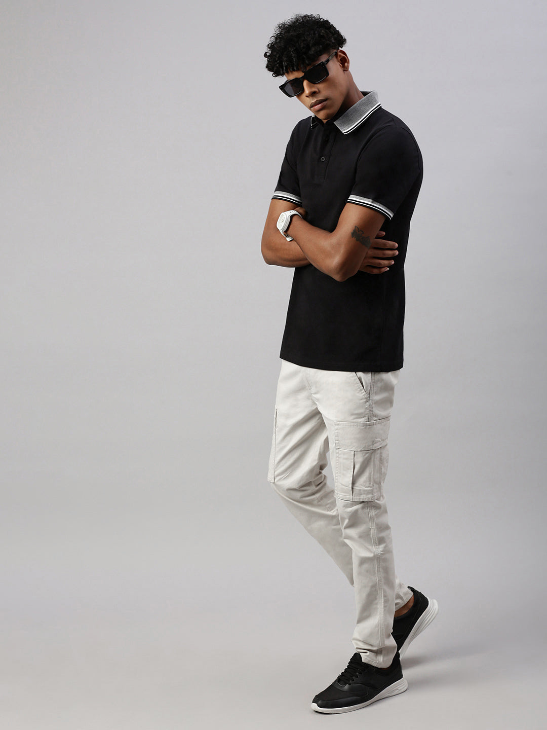 Black  Polo Collar Half T-Shirt