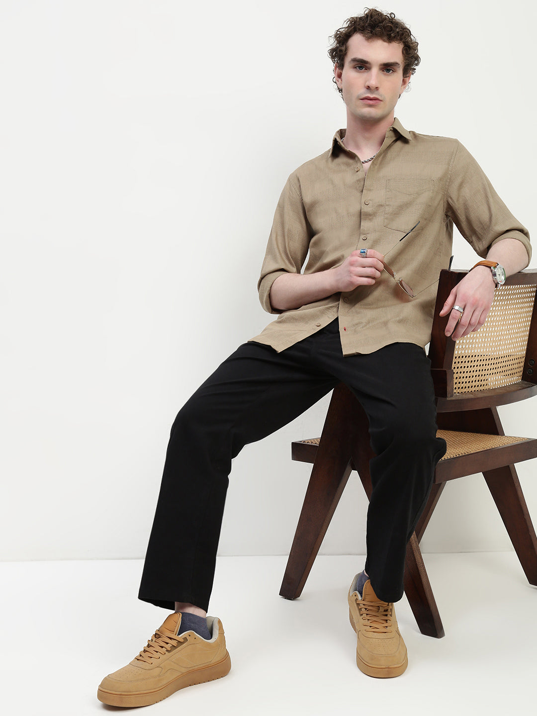 Beige Dobby Full Sleeve Slim Fit Shirt With Pocket