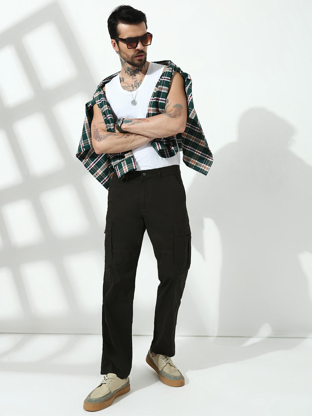 Olive Green 9 Pocket Regular Fit Cargo Paint