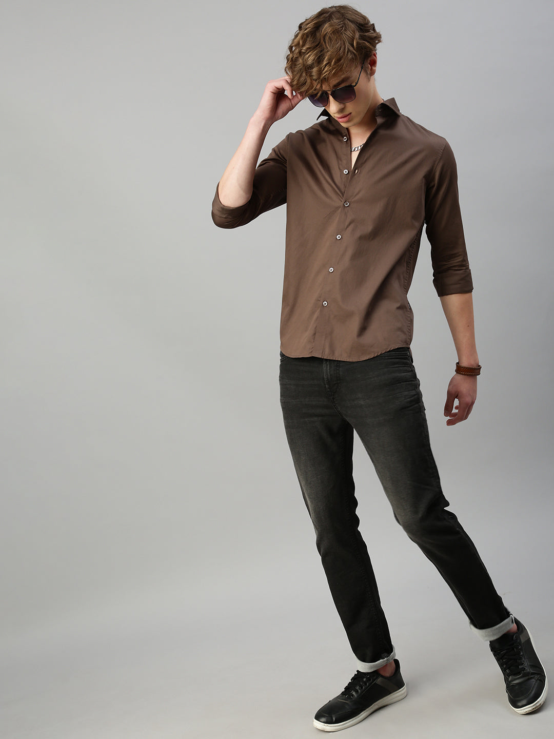 Caramel Brown Plain Satin Shirt Without Pocket