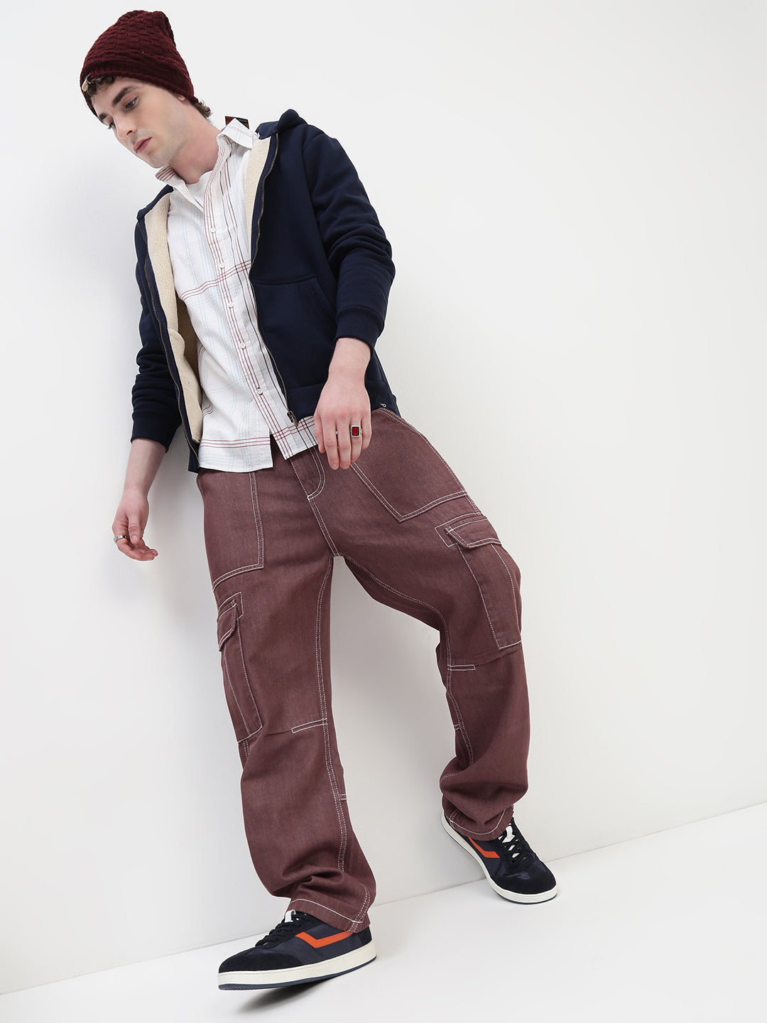 Red Brown Front Patch Pocket Loos Fit Cargo Paint