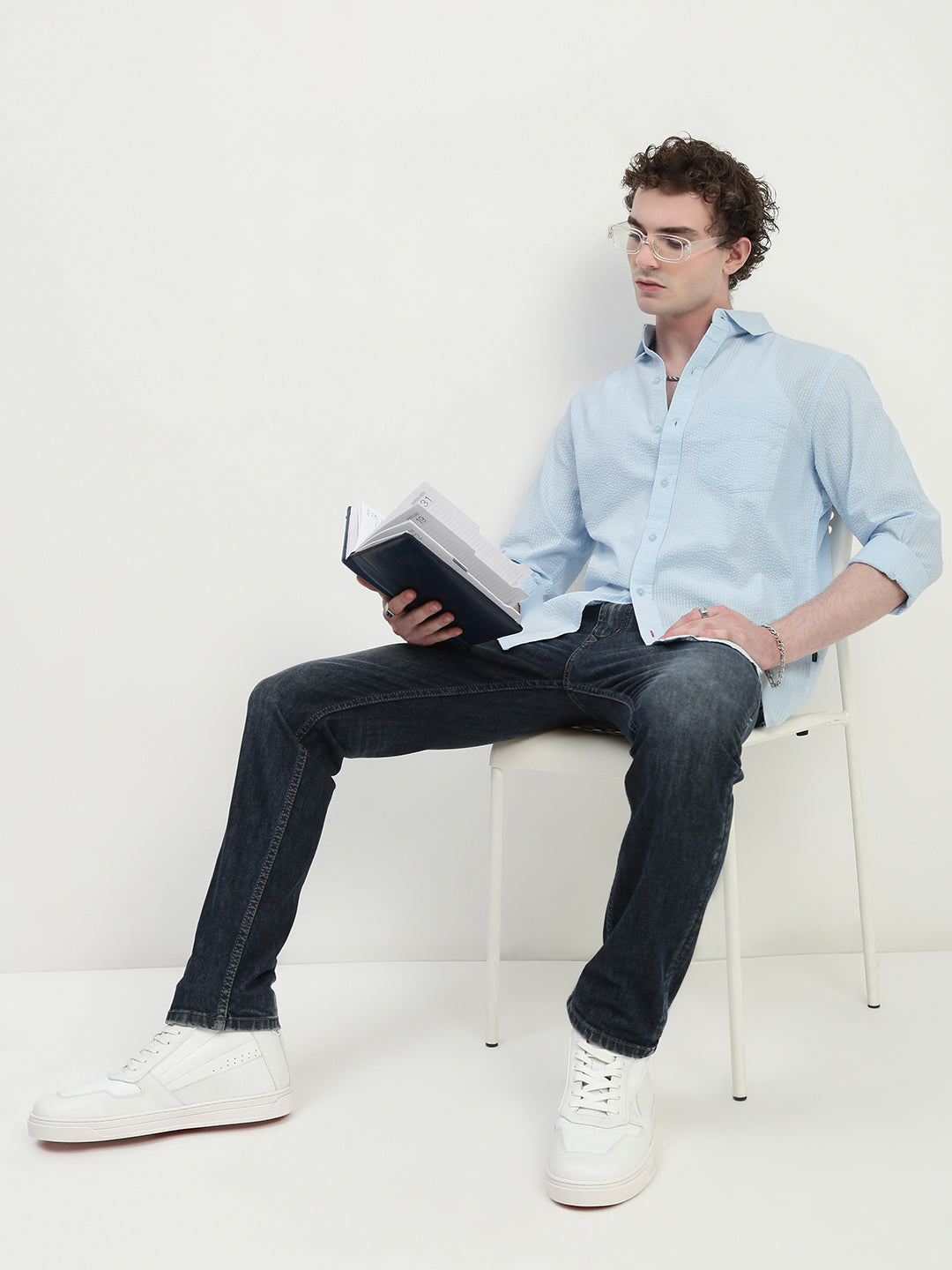 Seersucker Sky Full Sleeve Relsx Fit Shirt With Pocket