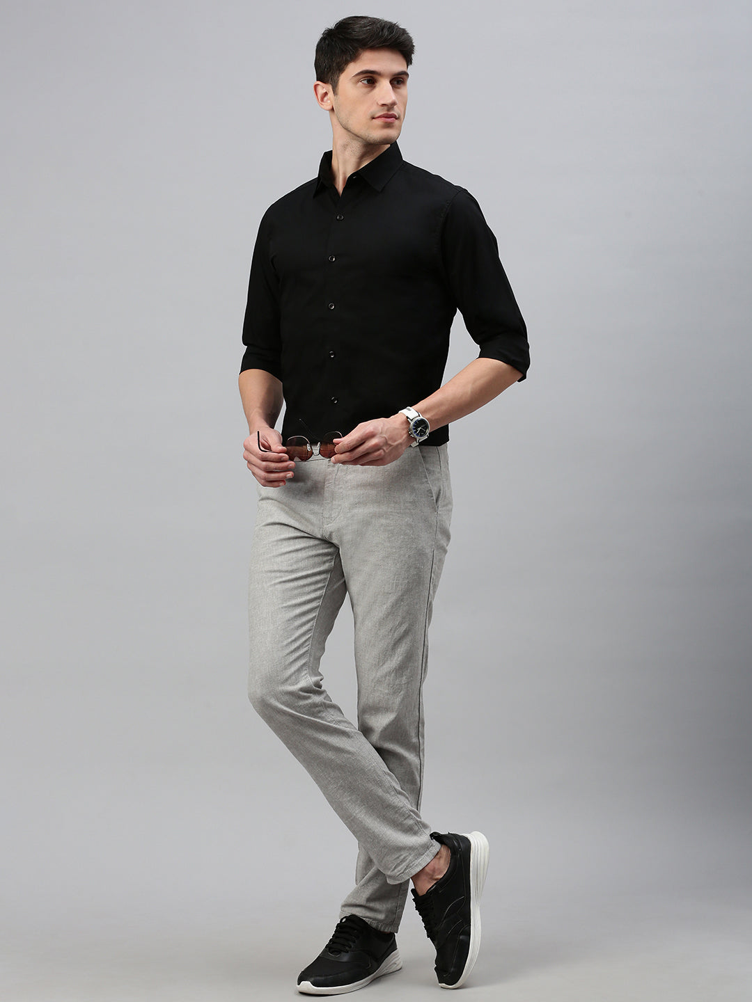 Black Solid Poplin Stretch Shirt Without Pocket