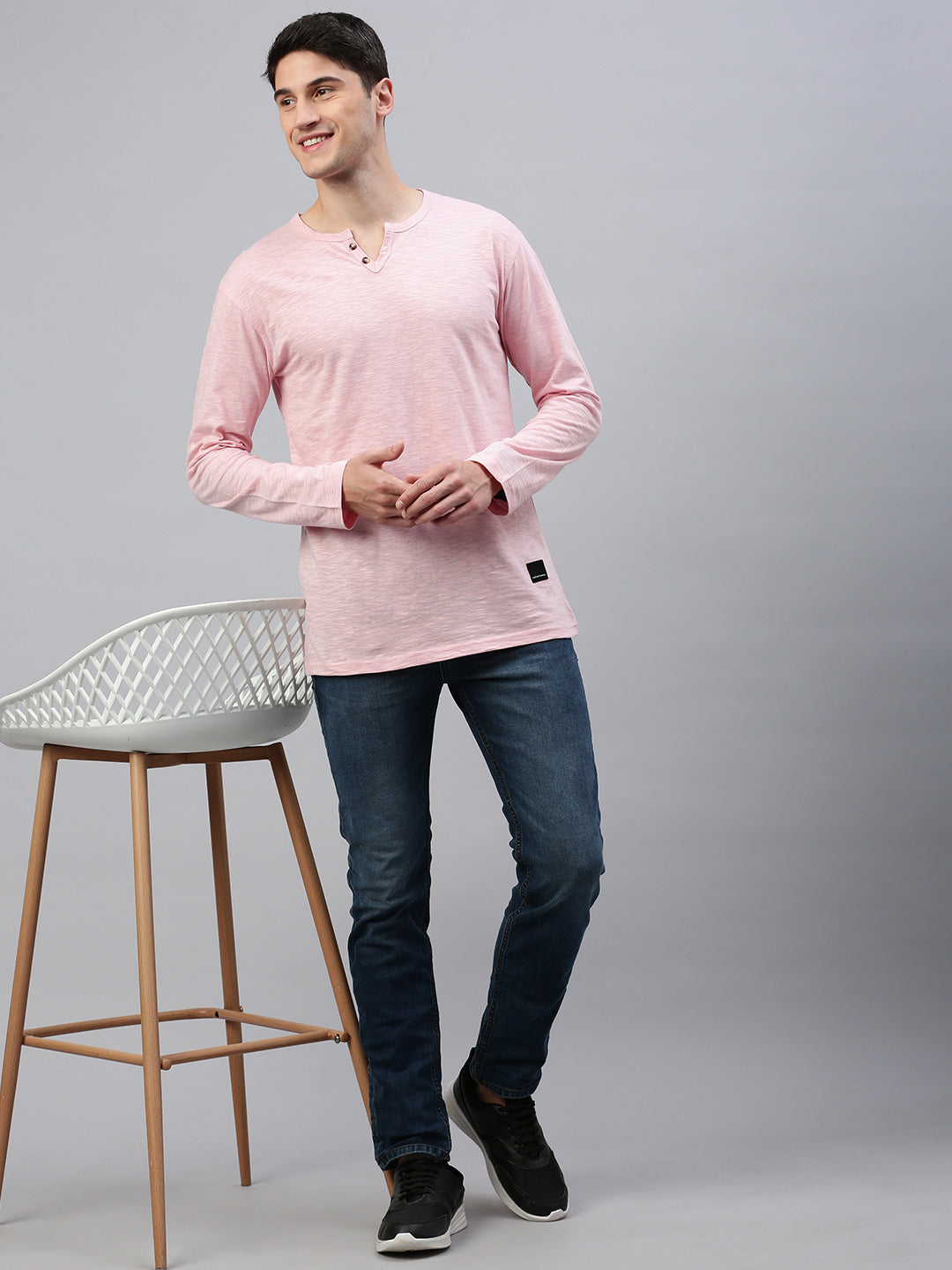 Pink Henley Neck Full Sleeve t-shirt
