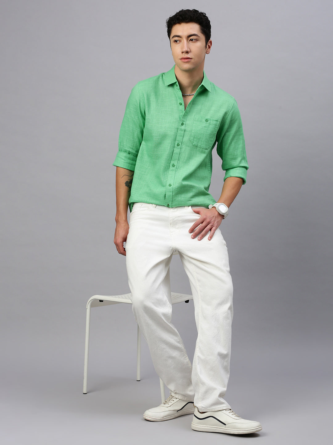 Green Cotton Plain Shirt With Pocket