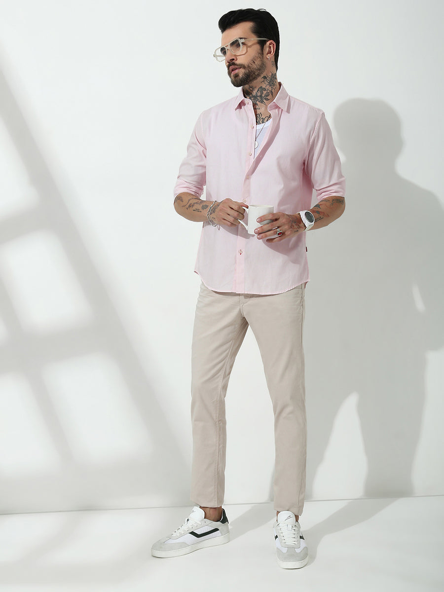 Pink Full Sleeve Slim Fit Shirt Without Pocket