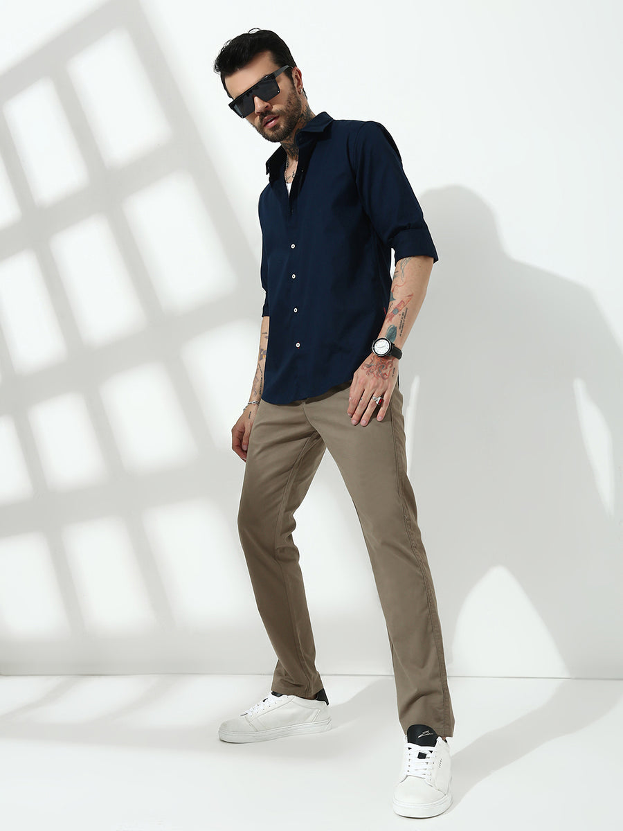Navy Blue Full Sleeve Slim Fit Shirt Without Pocket
