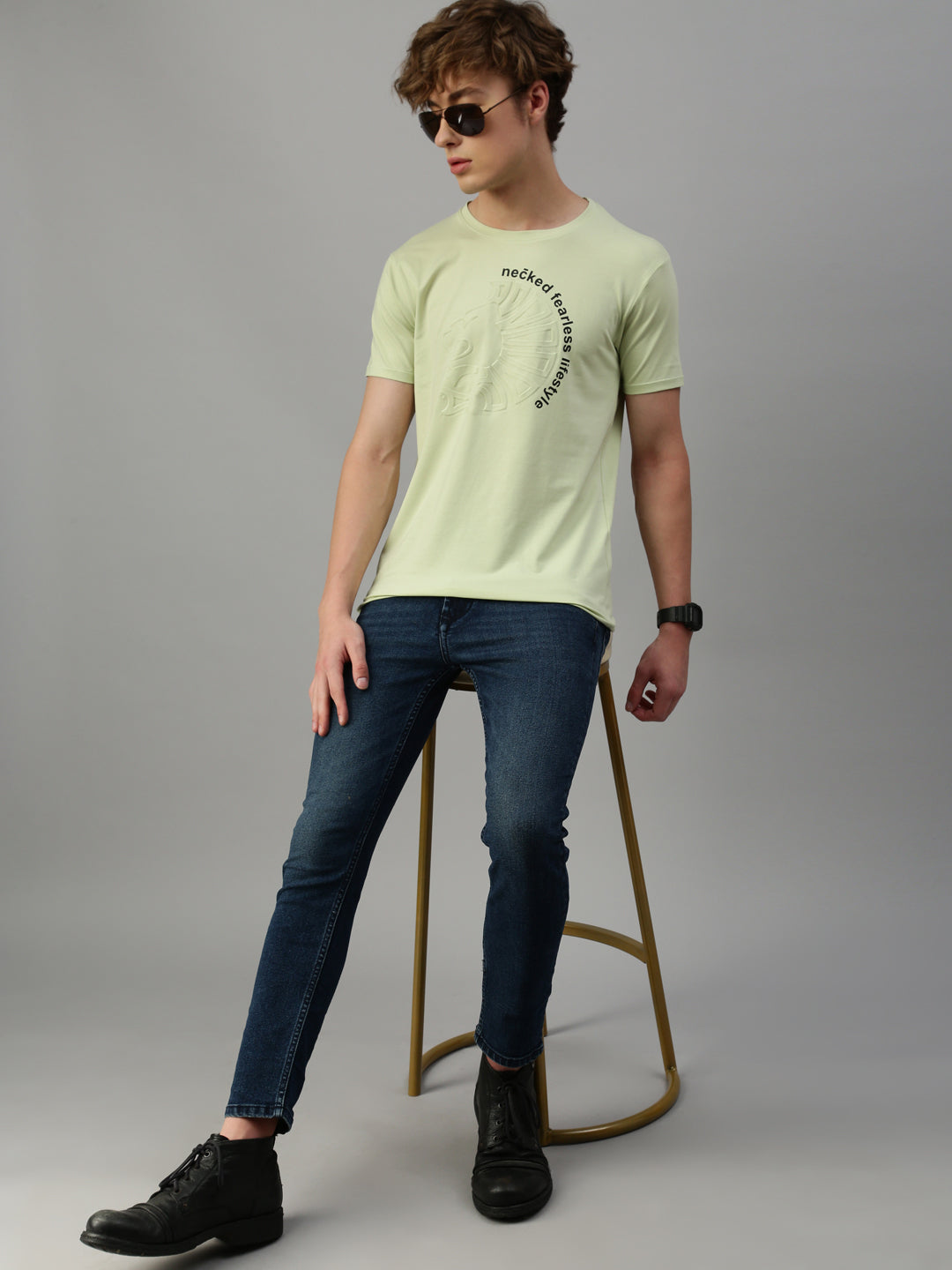 Pista Green Printed Round Neck T-Shirt