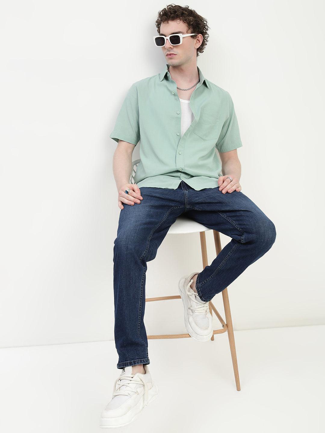 Mint Blue Half Sleeve Relsx Fit Shirt With Pocket