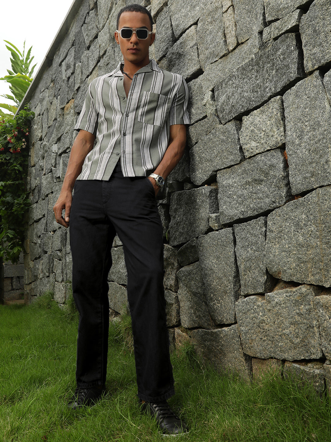 Self Stripe Half Sleeve Oversize Shirt With Pocket