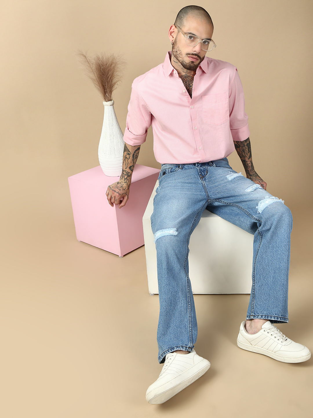 Light Blue Ripped Straight Stretchable Jeans
