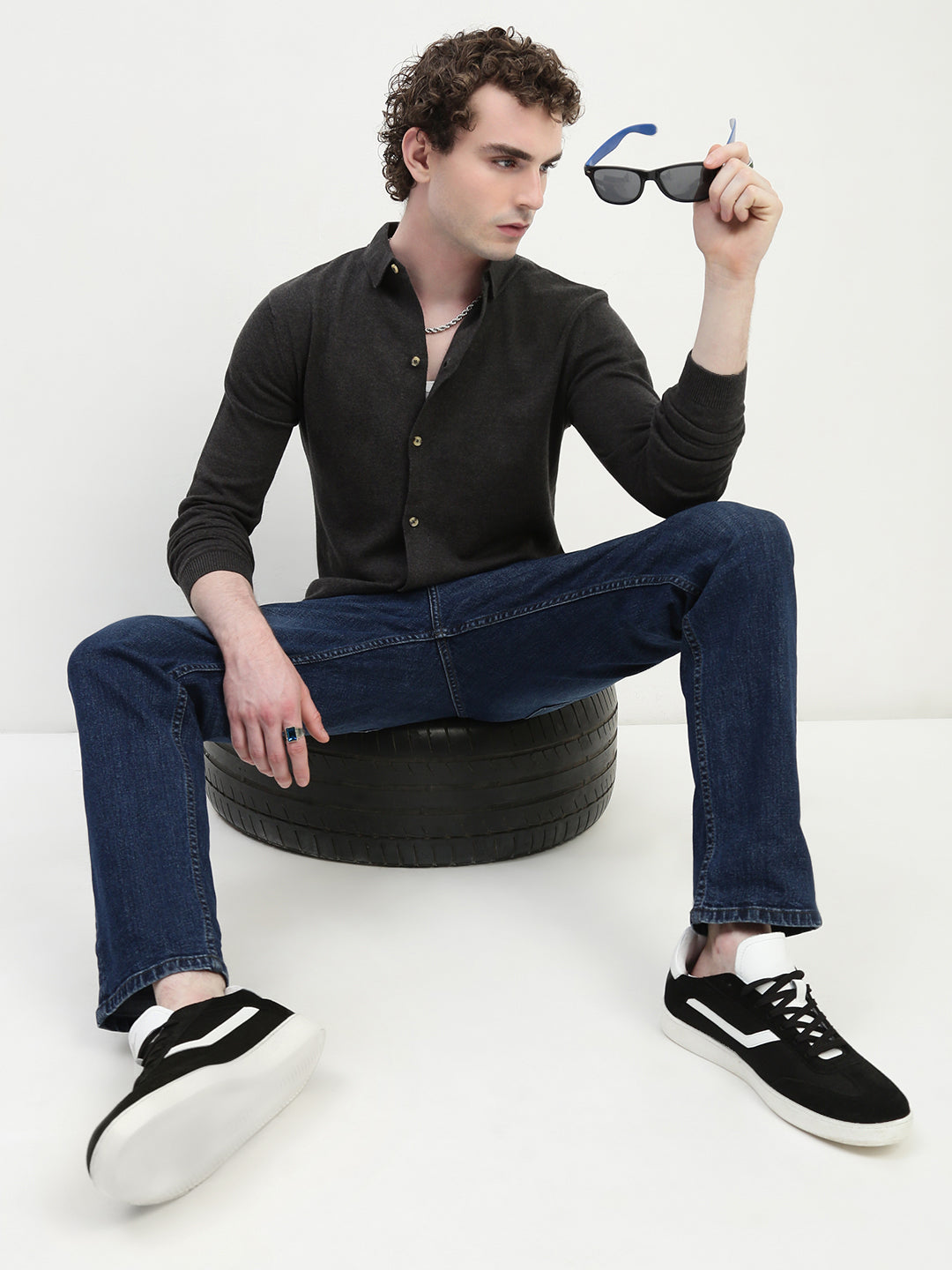 Dark Gray Knit Cardigan Full Sleeve Relax Slim Fit Shirt Without Pocket