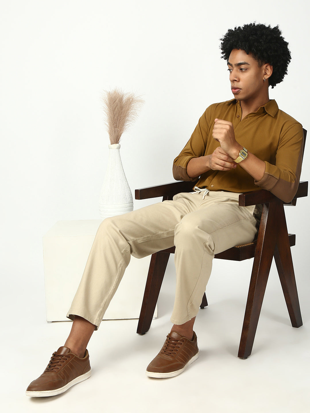Brown Full Sleeve Slim Fit Shirt Without Pocket