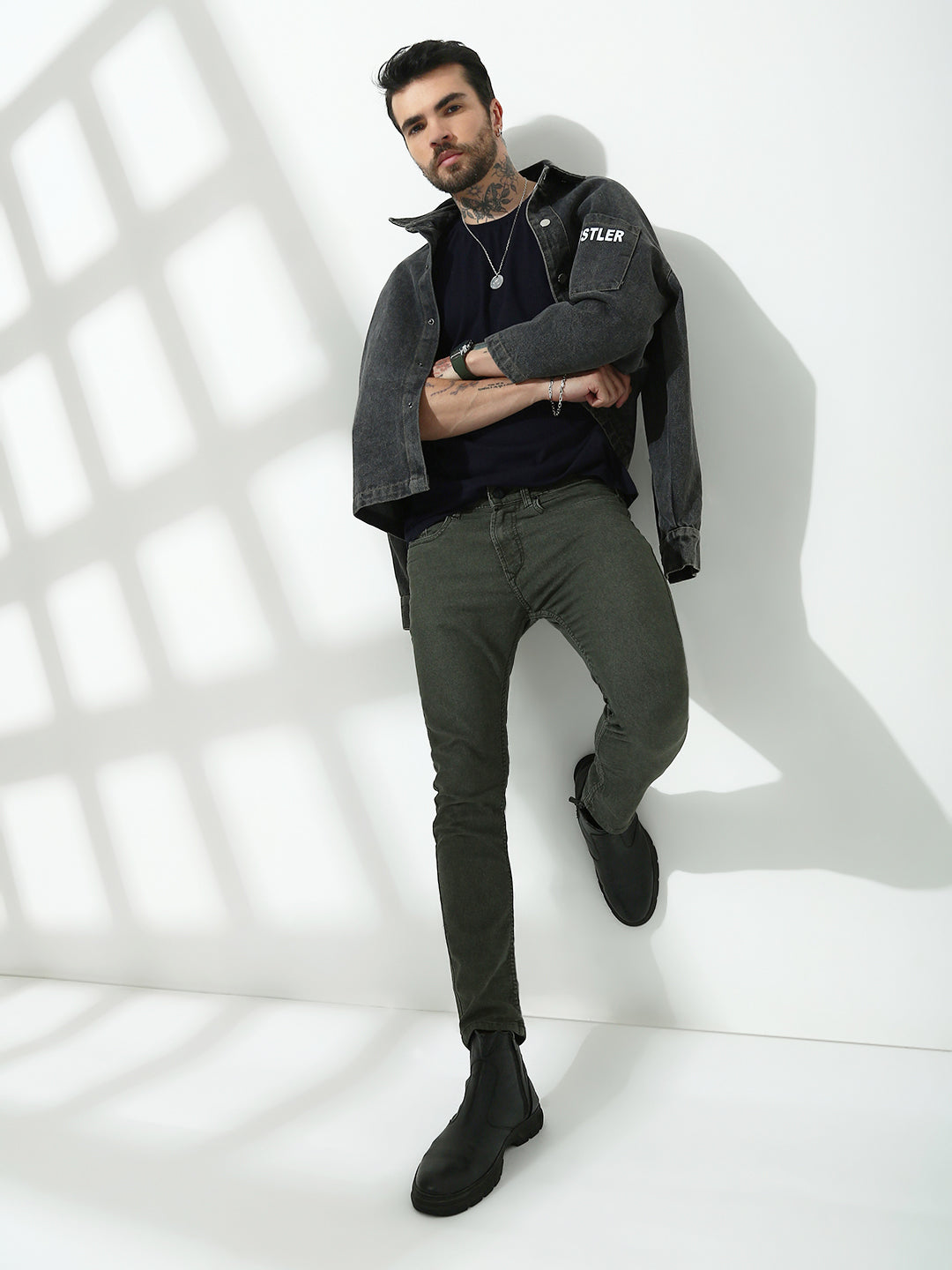 Green Poly Stretch Trapped Fit Jeans