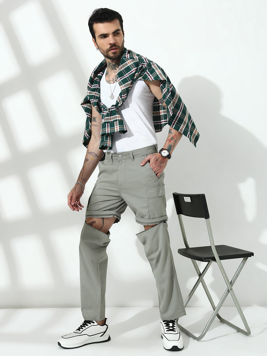 Grey  Detachable Convertable Regular Fit Cargo Paint