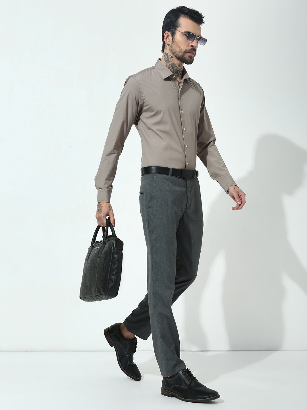 Beige Full Sleeve Slim Fit Shirt Without Pocket