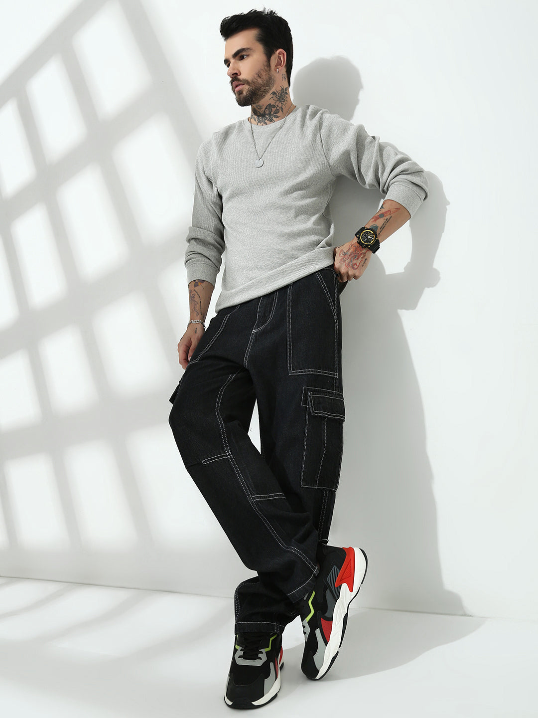 Black Front Patch Pocket Loos Fit Cargo Paint