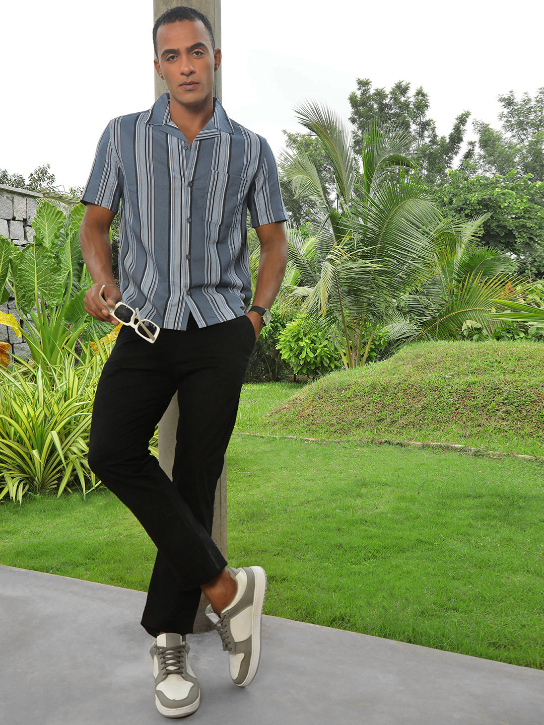 Self Stripe Half Sleeve Oversize Shirt With Pocket