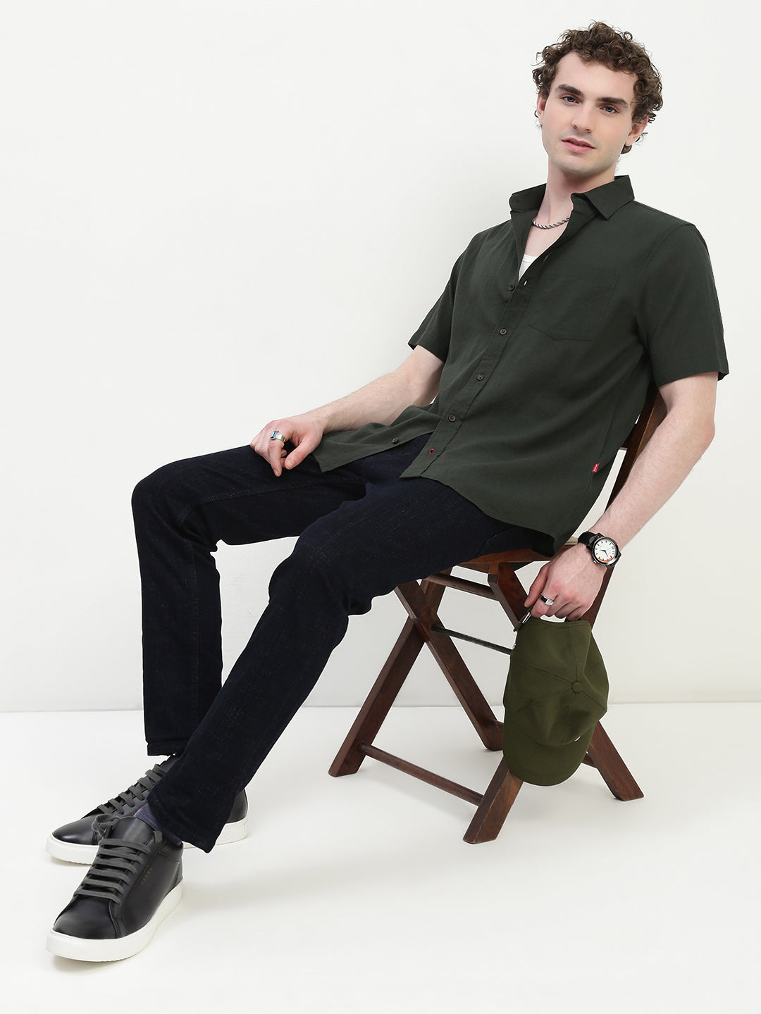 Olive Green Half Sleeve Relsx Fit Shirt With Pocket