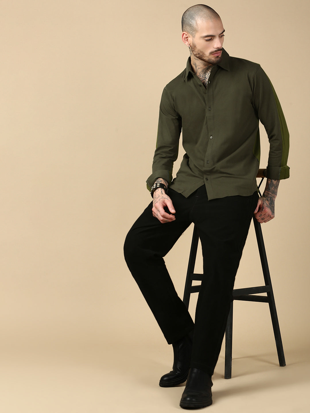 Olive Green Full Sleeve Slim Fit Shirt Without Pocket