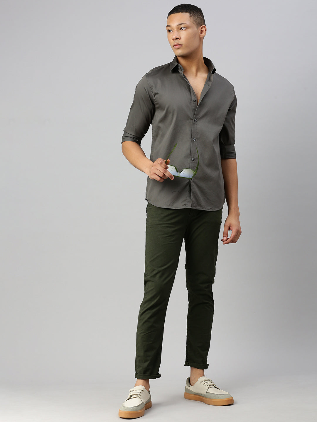 Dark Beige Plain Satin Shirt Without Pocket