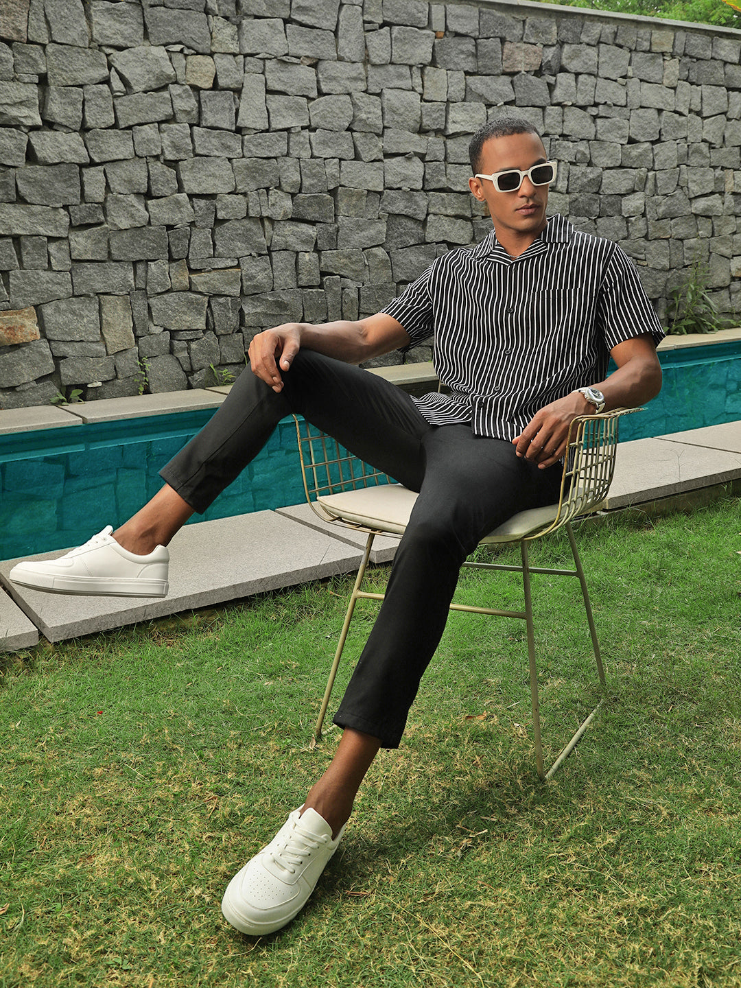 Self Stripe Half Sleeve Oversize Shirt With Pocket