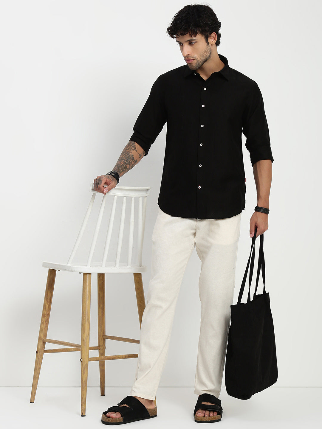 Cream Relax Fit Cross Pocket Cotton Linen  Pants