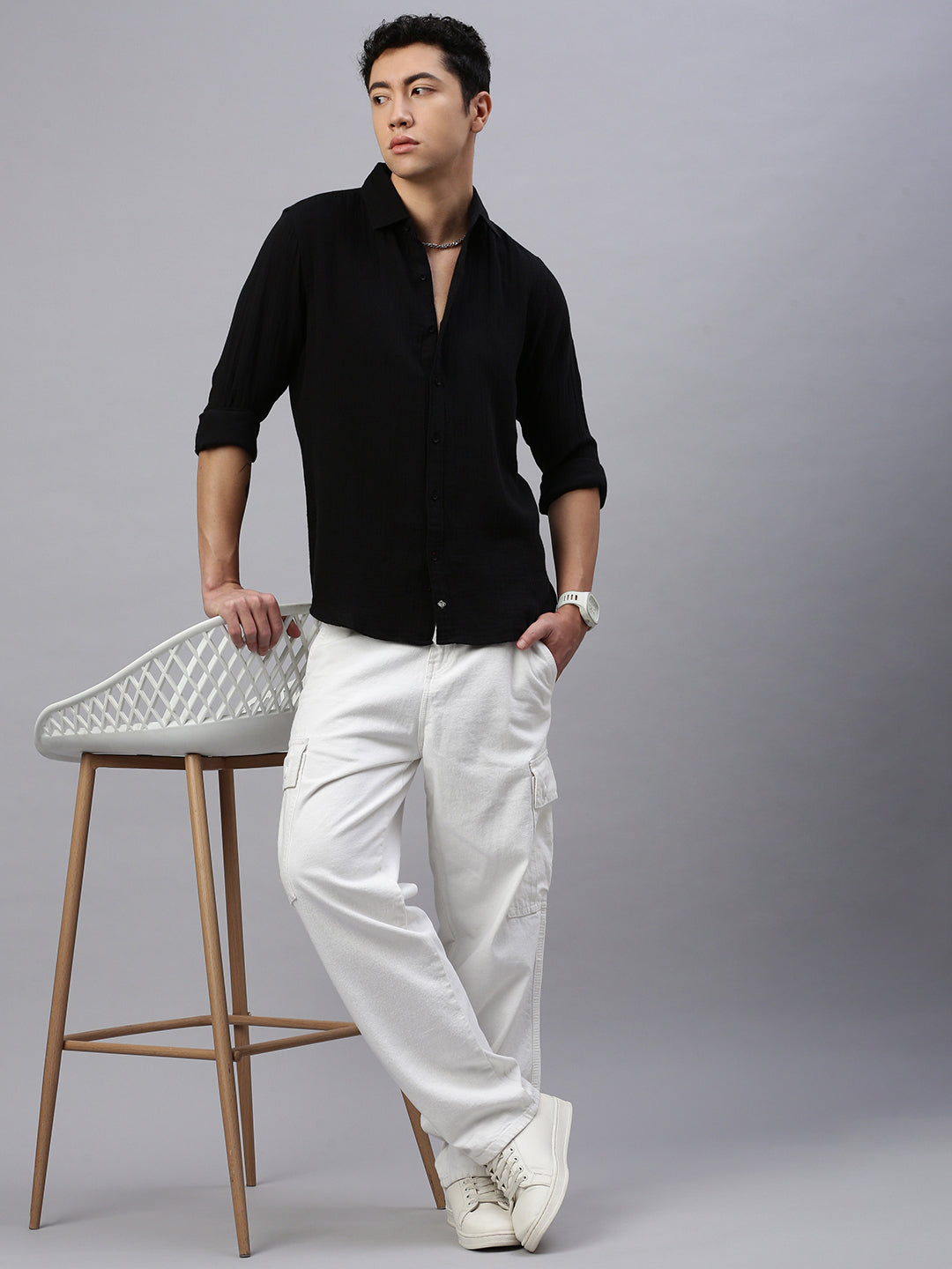 Black Doble Cloth Cotton Shirt Without Pocket