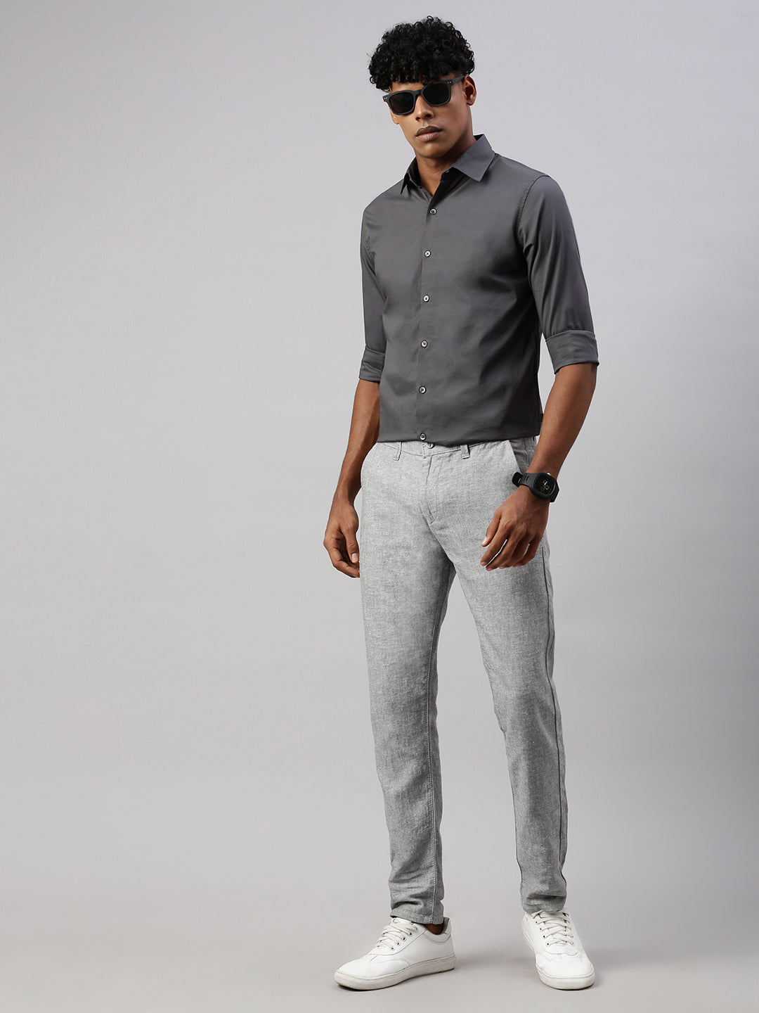 Gray Solid Poplin Stretch Shirt Without Pocket