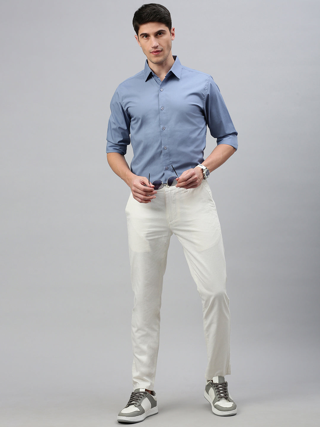 Cloud Blue Solid Poplin Stretch Shirt Without Pocket