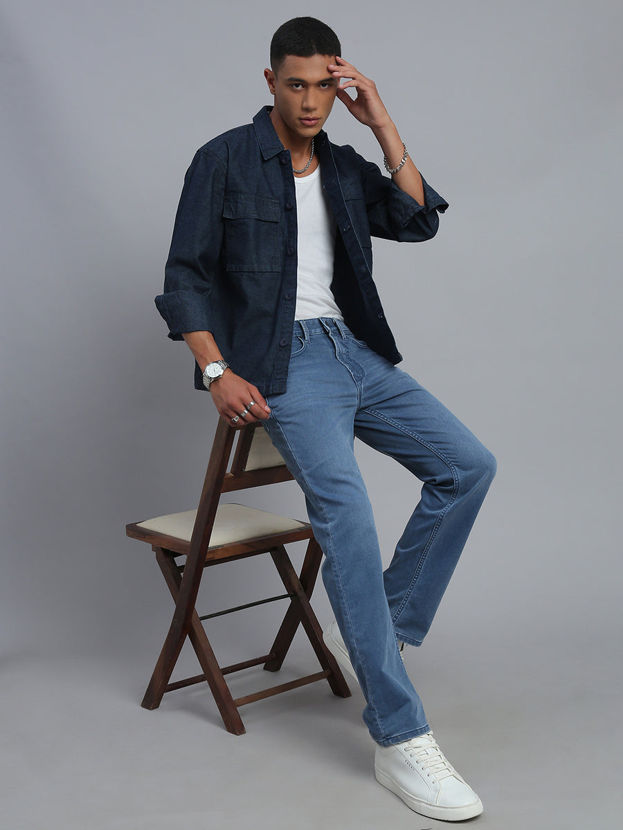Ice Blue Regular Straight Fit Stretchable Jeans