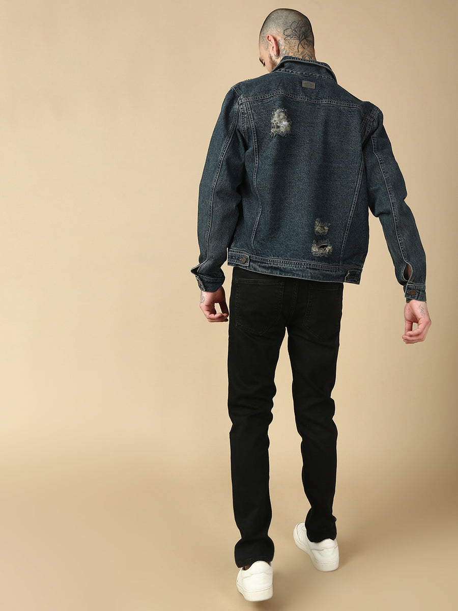 Vintage Blue Repeed Slim Fit Denim Jacket