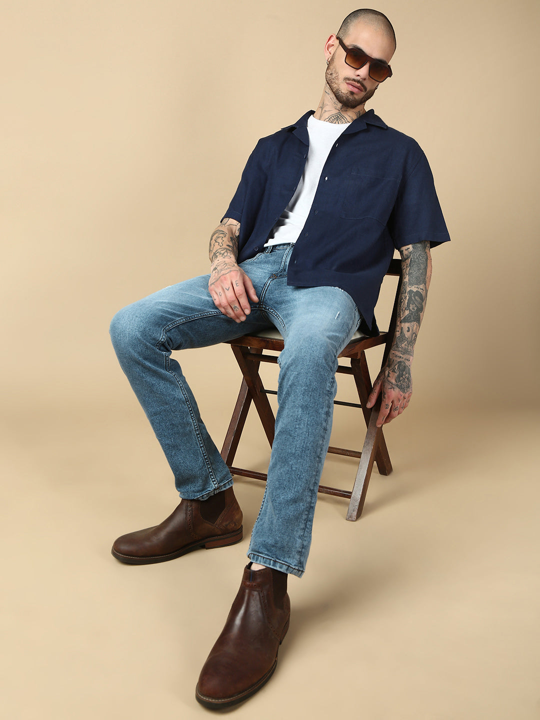 Blue Half Sleeve Oversize Shirt With Pocket