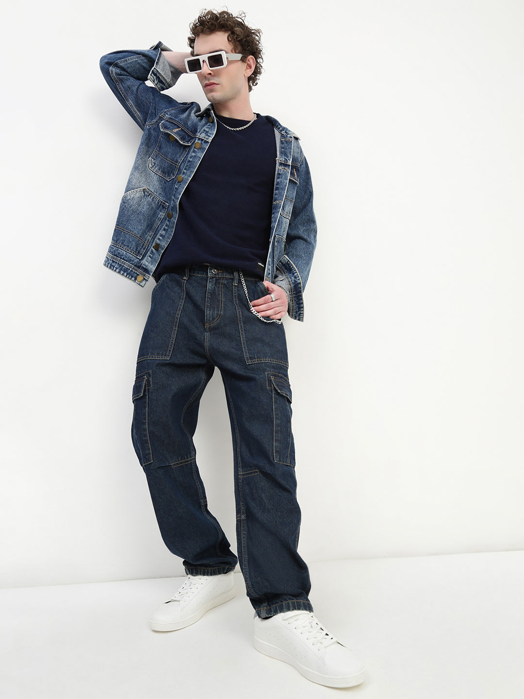 Crew Neck See Through Navy Blue Cotton T-Shirt