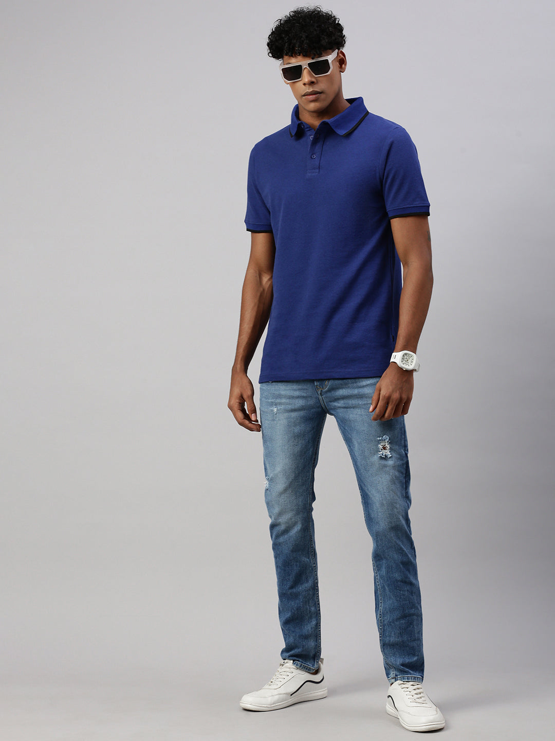 Royal Blue Polo Collar Half T-Shirt