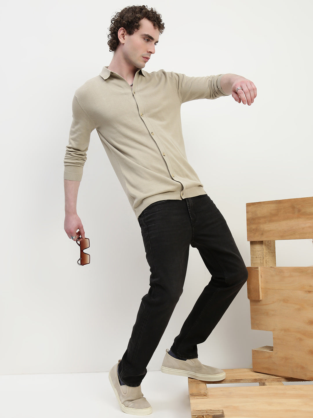 Sand Knit Cardigan Full Sleeve Relax Slim Fit Shirt Without Pocket