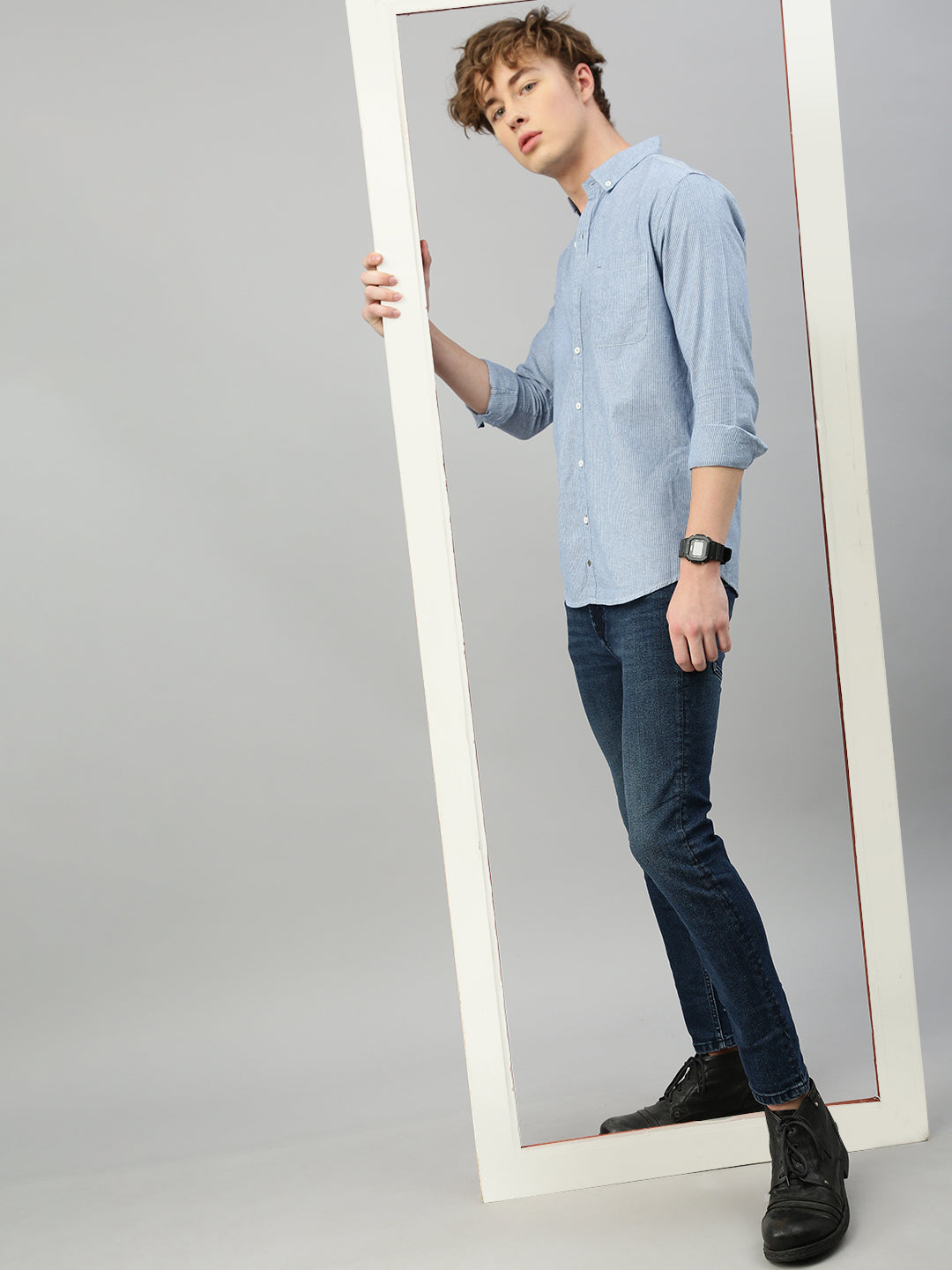 Sky Blue Oxford Stripe Shirt With Patch Pocket