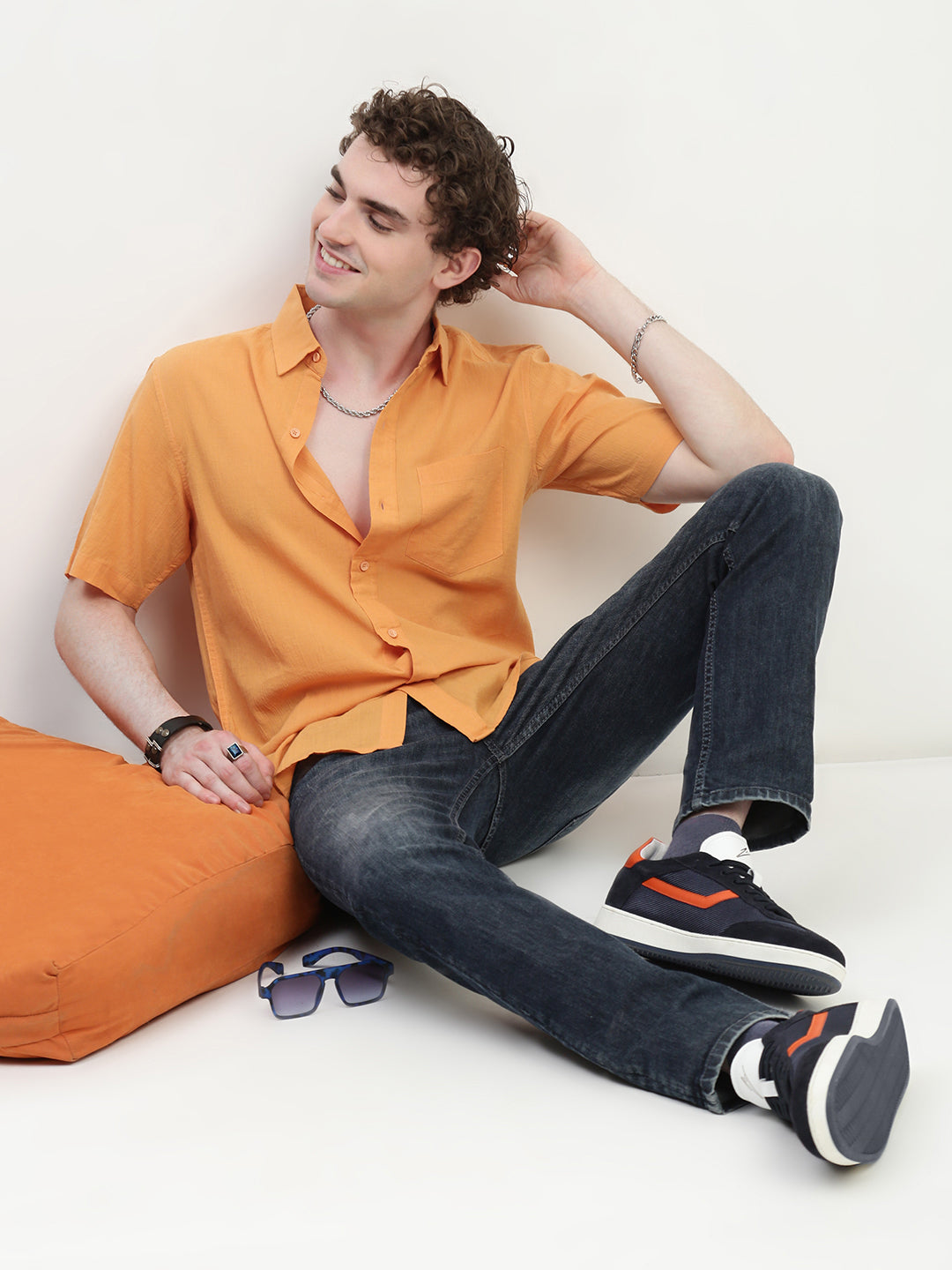 Orange Half Sleeve Relsx Fit Shirt With Pocket