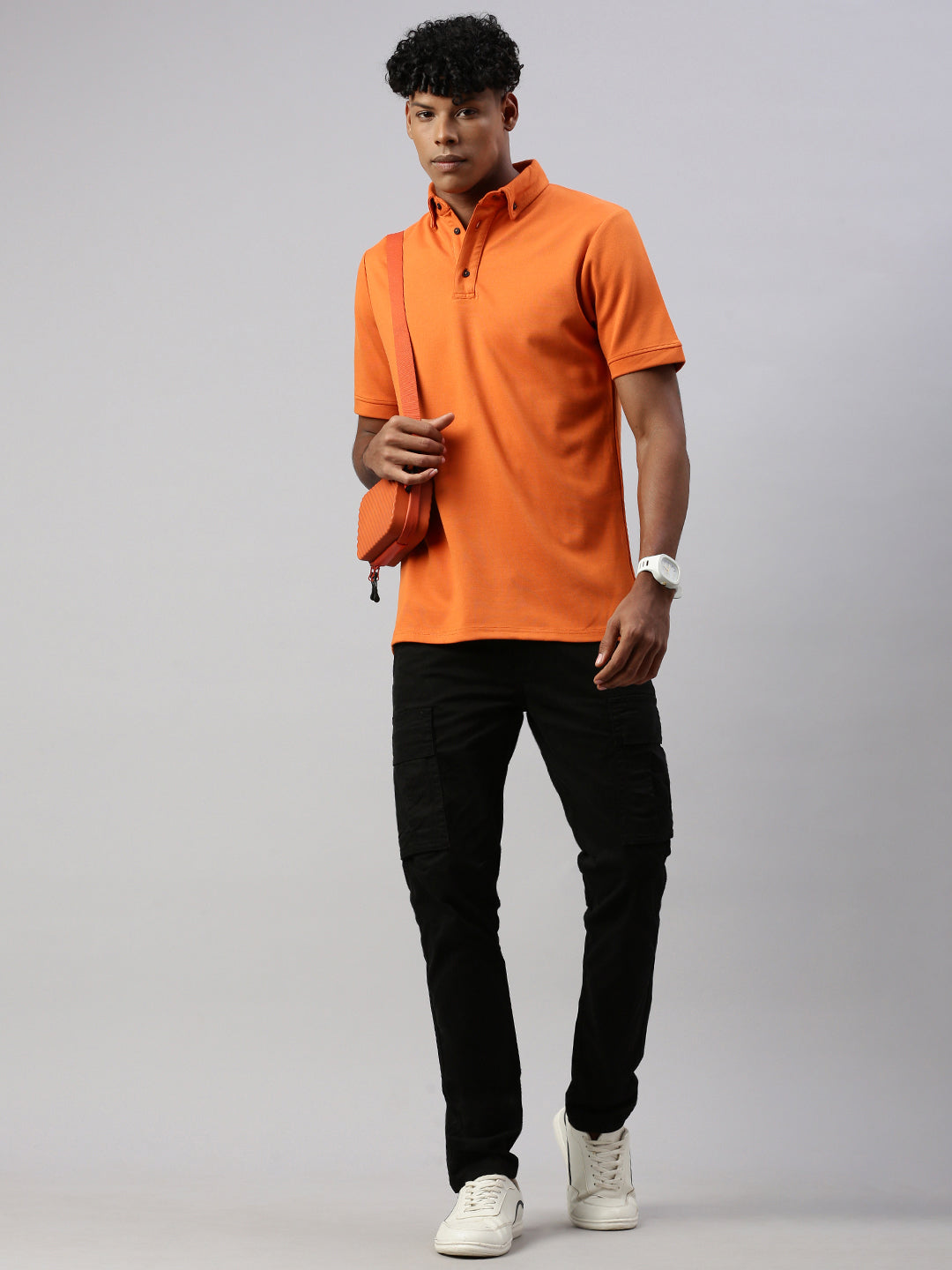 Orange Down Button Polo Collar T-Shirt