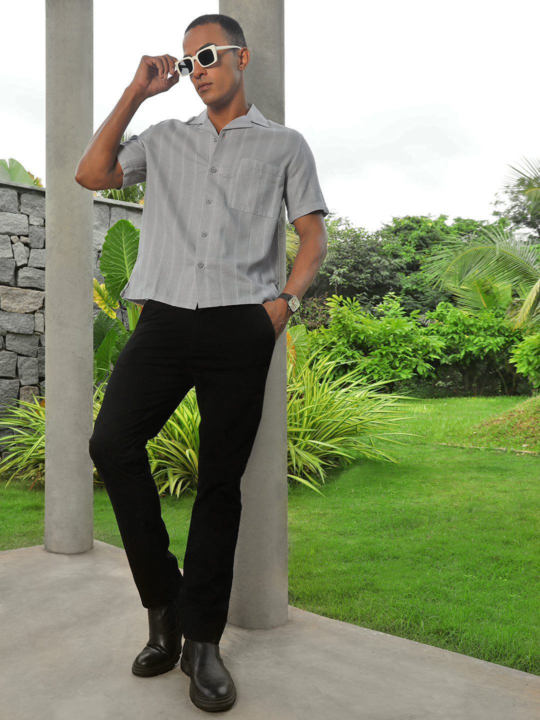 Self Stripe Half Sleeve Oversize Shirt With Pocket
