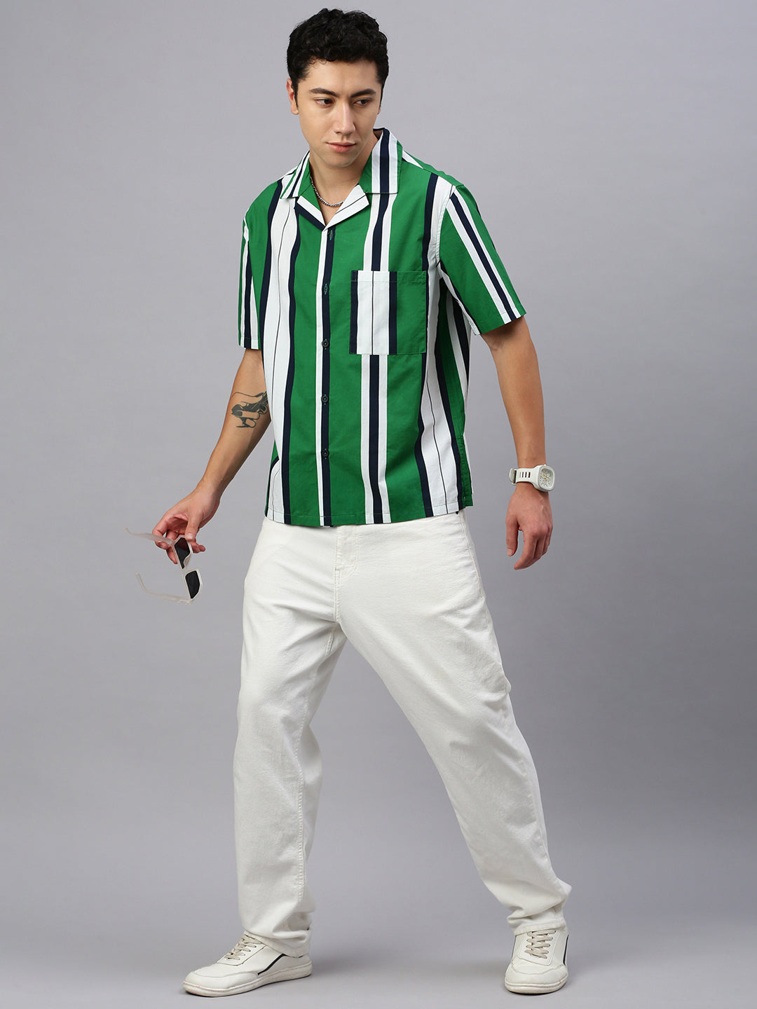 Stripe Half Sleeve Oversize Shirt With Pocket