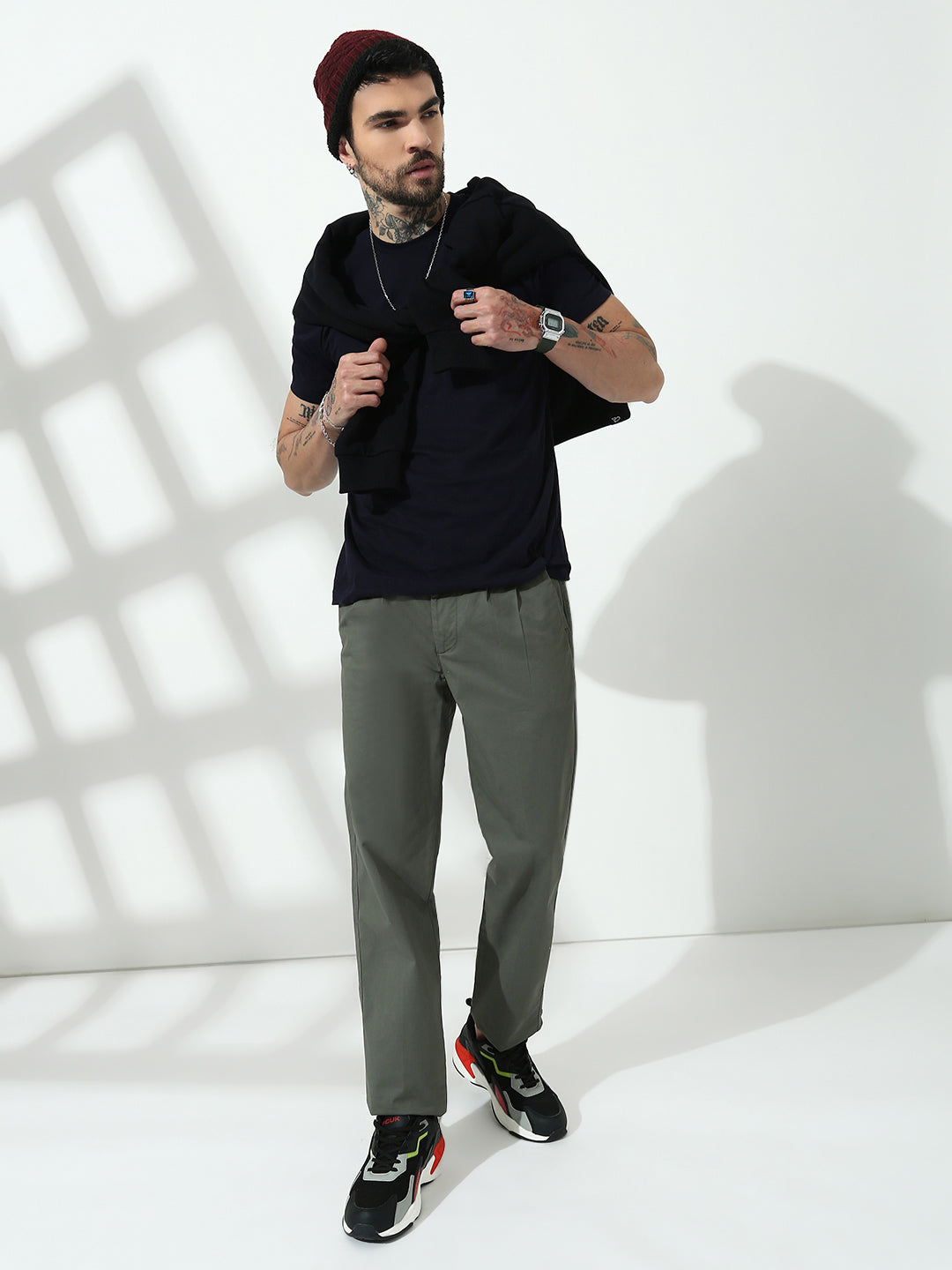 Front Pleated Dark Grey Slim Fit Pant